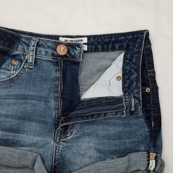 ONE x One Teaspoon Denim Shorts Womens Harlets High Rise Twisted Cuff Hem Sz 24 - Picture 4 of 13